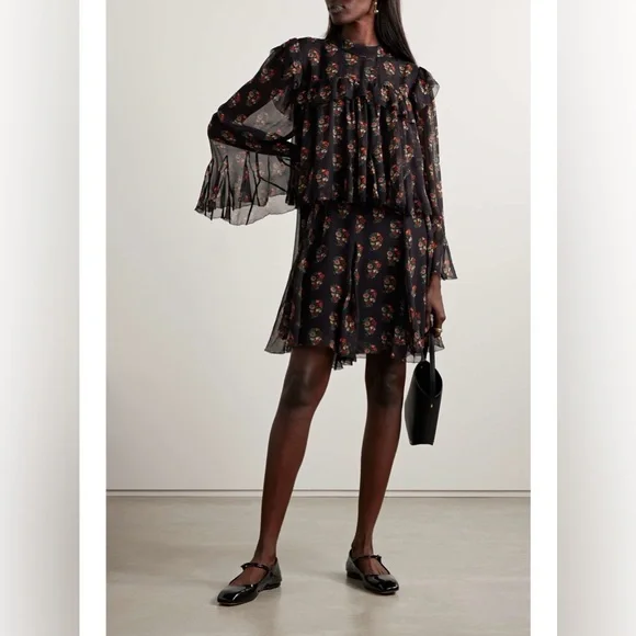 DÔEN Alette Ruffled Tiered Floral-print Silk-georgette Mini Dress - Black size S - Picture 3 of 12